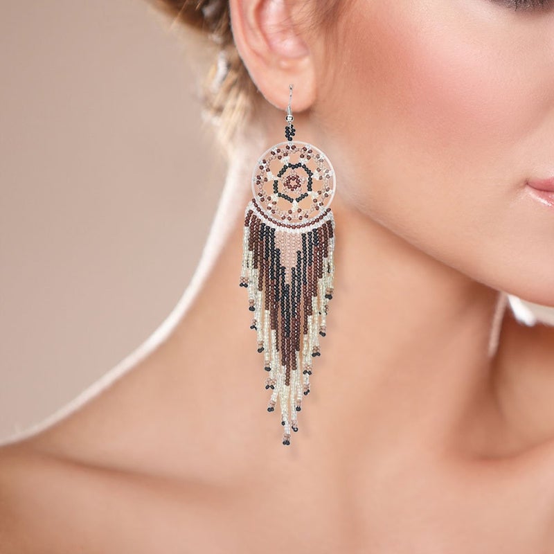 Tarsus Bead Earrings Dangle for Women Seed Bead Dream Catcher Women Hypoallergenic Beaded Native American(Gray) - Image 2